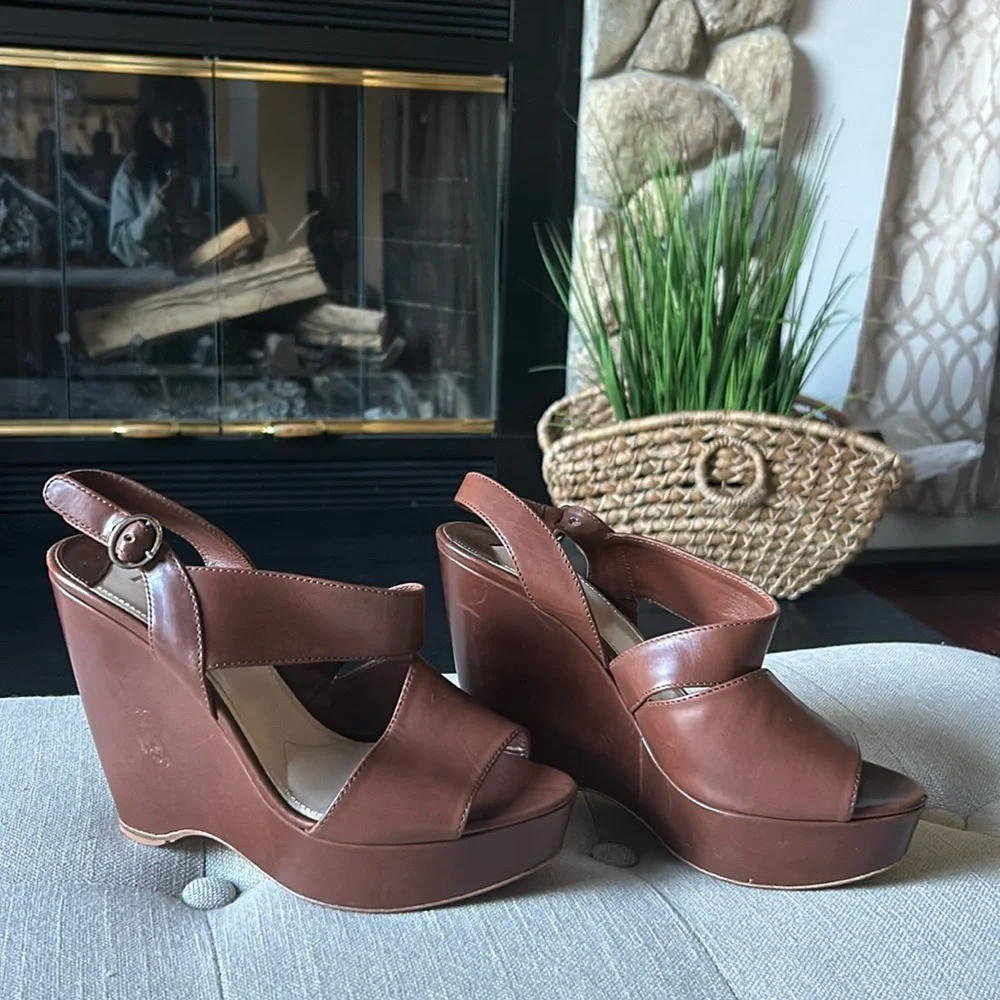 Prada Asymmetric Calfskin Wedge Sandal, Brown